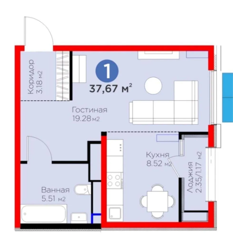 37 m², 1-xonali kvartira, 8/12
