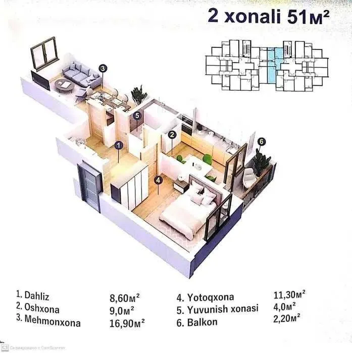 50 m², 2-xonali kvartira, 13/16