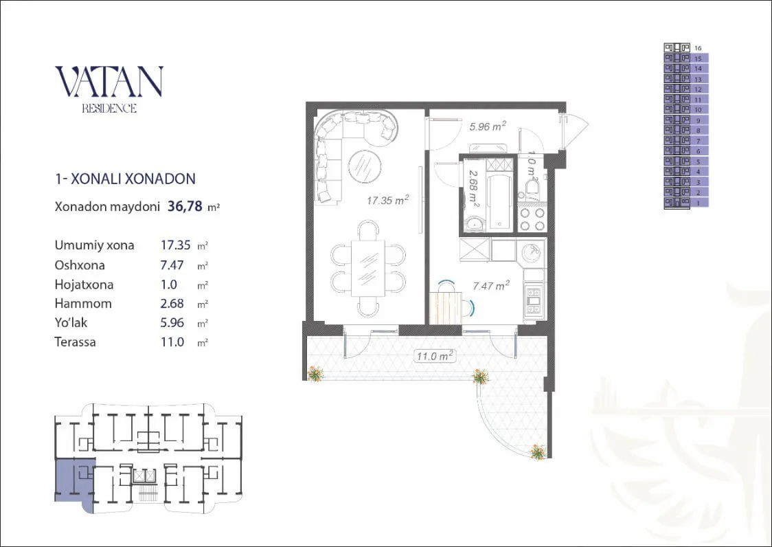 36 m², 1-xonali kvartira, 1-5/16