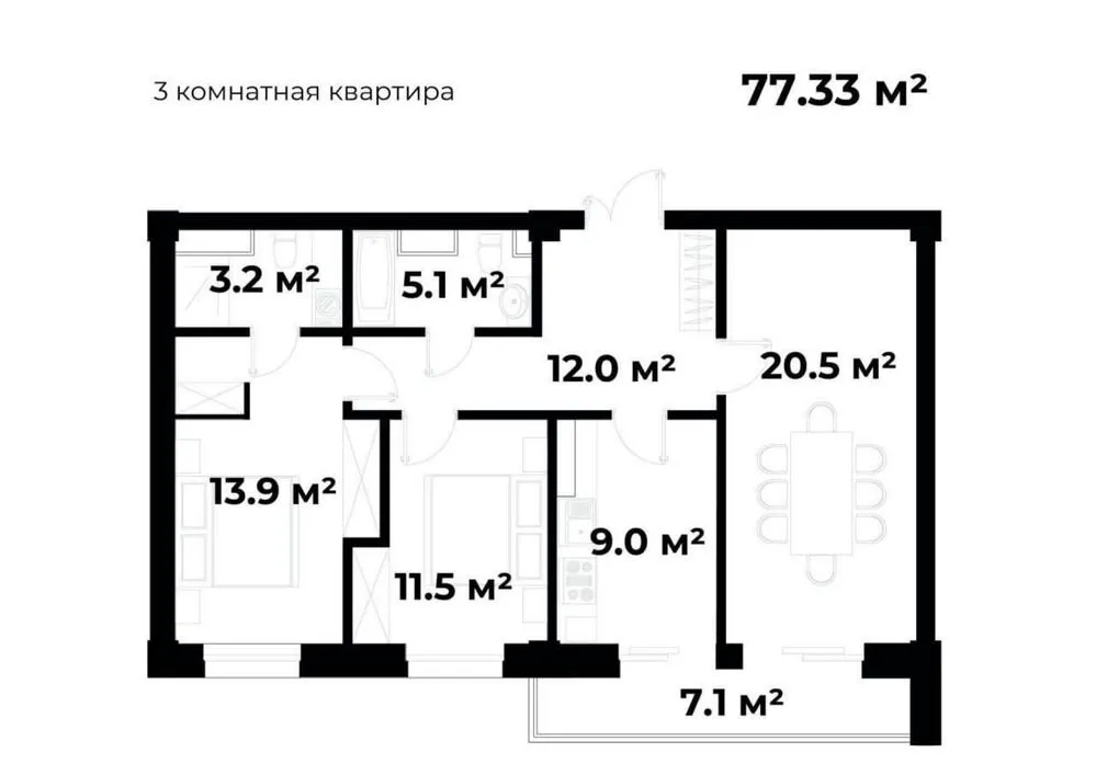 78 м², 3-комн. квартира, 3/10