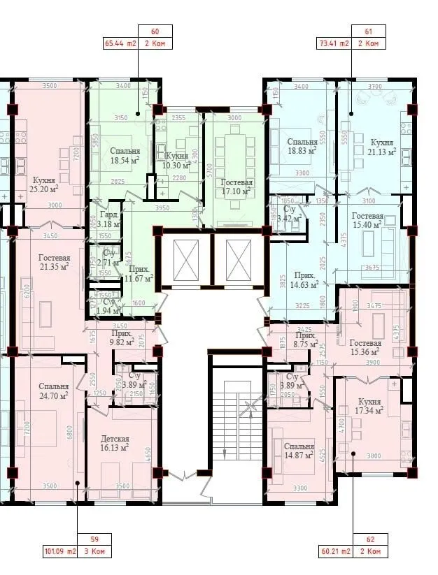 60 m², 2-xonali kvartira, 7/14