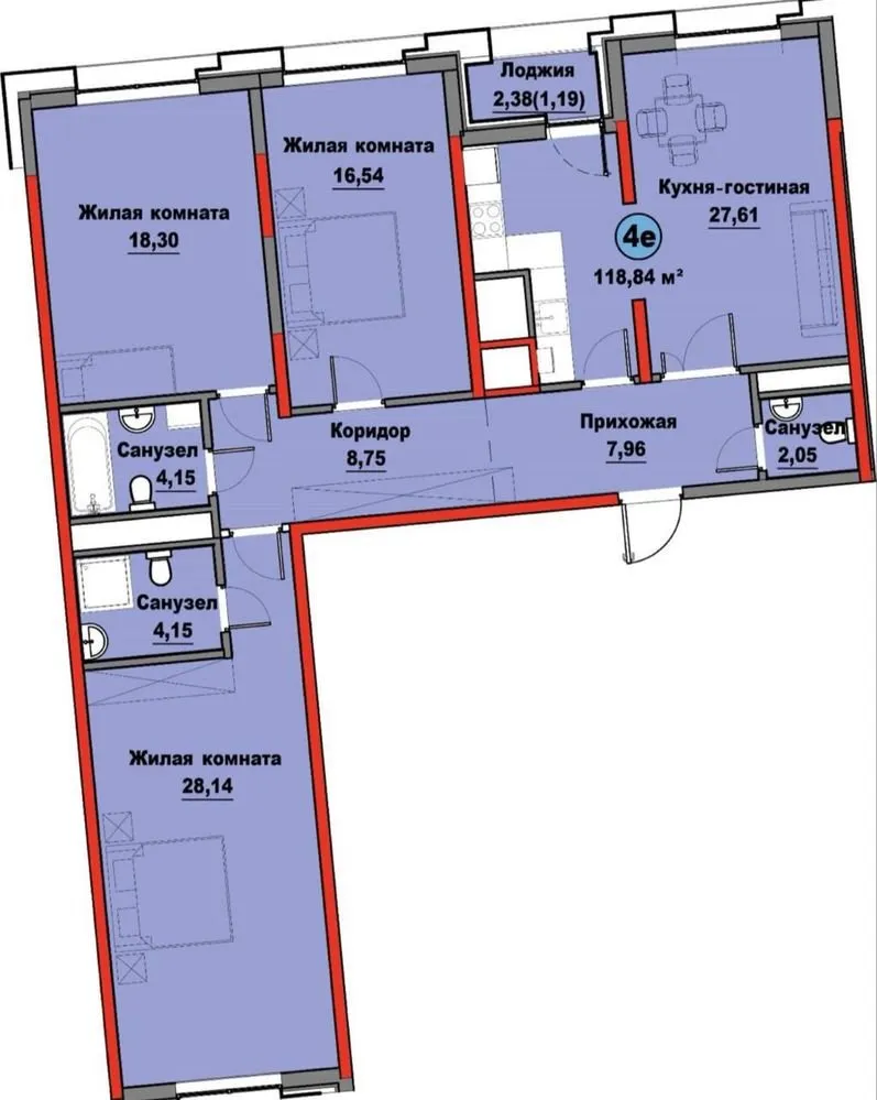 118 м², 4-комн. квартира, 5/14