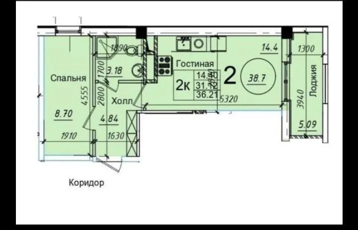 38 m², 2-xonali kvartira, 7/9