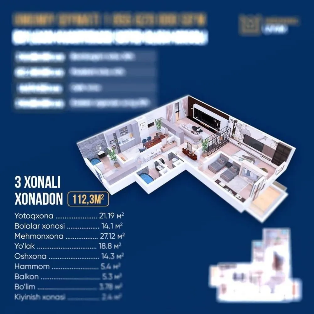 112 m², 3-xonali kvartira, 6/9