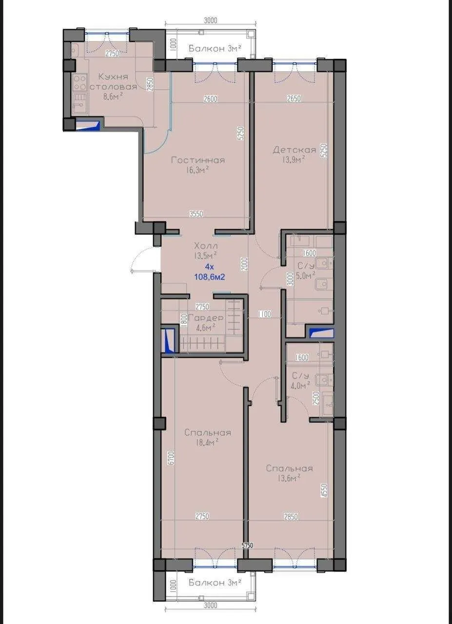 108 м², 4-комн. квартира, 4/9