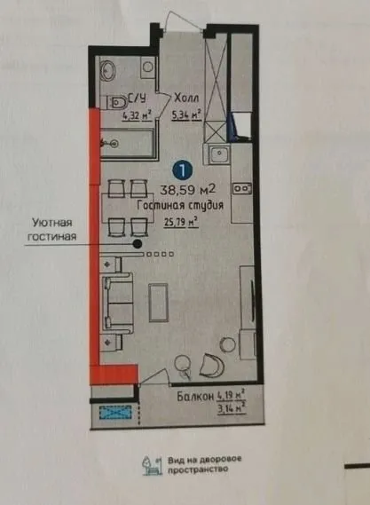 38 м², 1-комн. квартира, 23/25