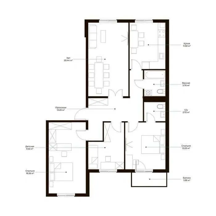 93 м², 4-комн. квартира, 7/9