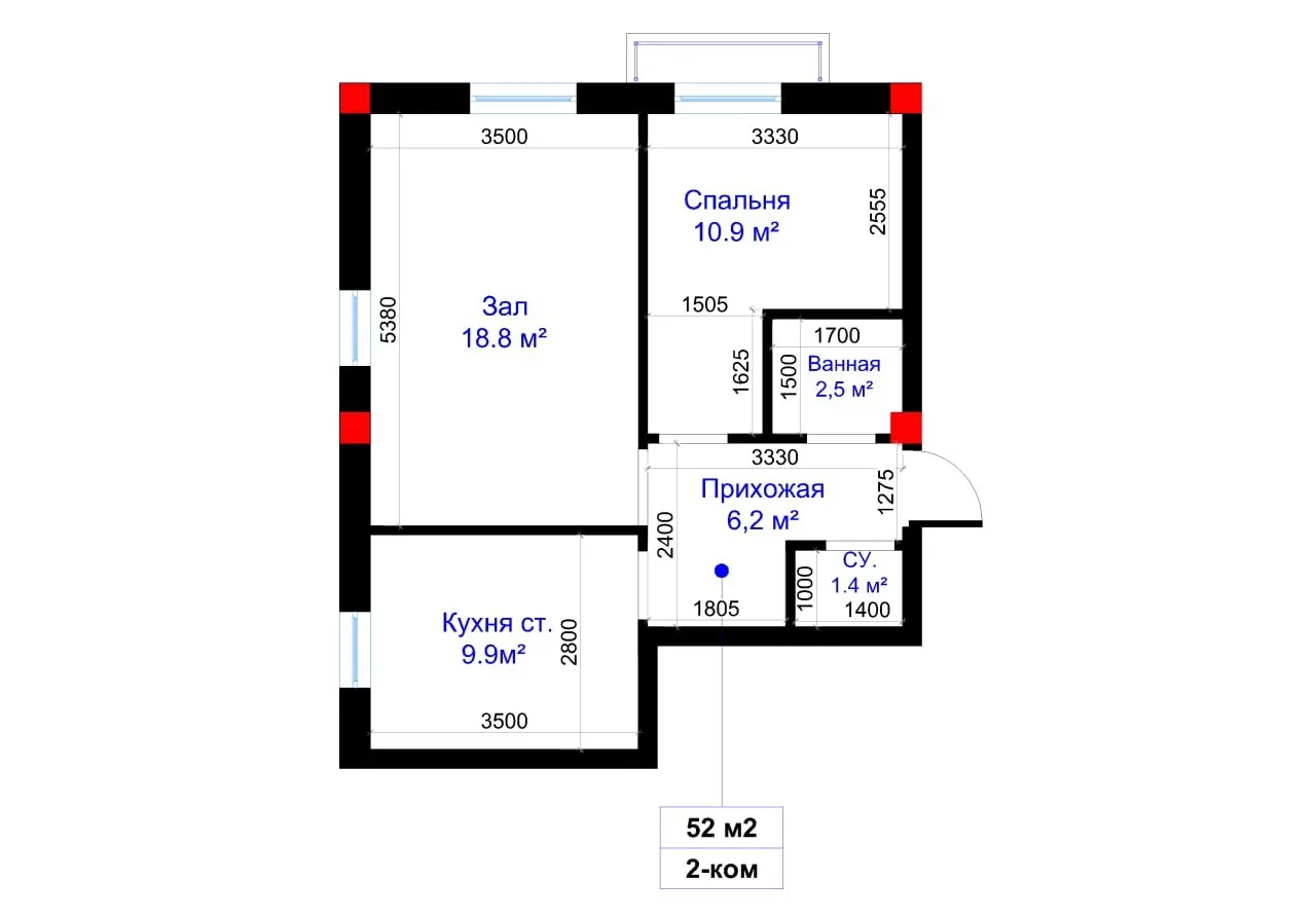 53 м², 2-комн. квартира, 2-11/11