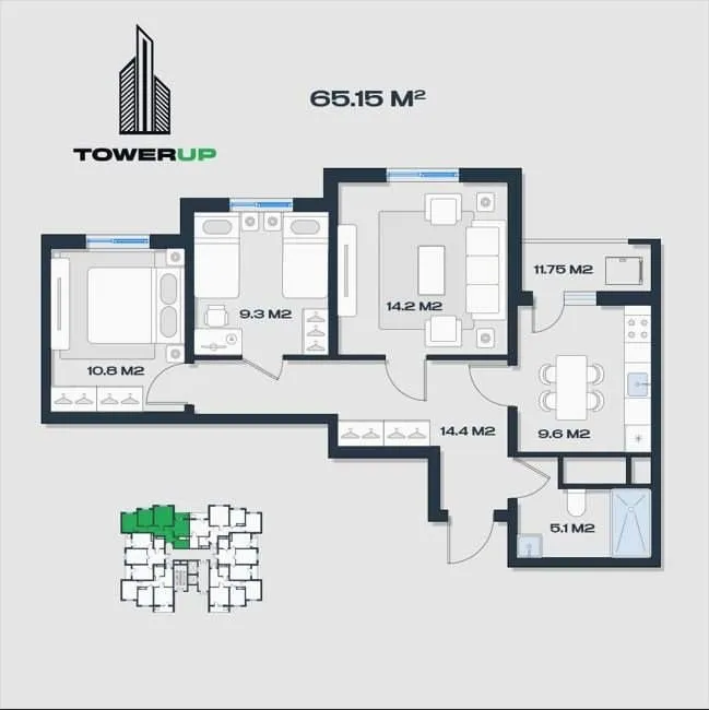 65 м², 3-комн. квартира, 2/16