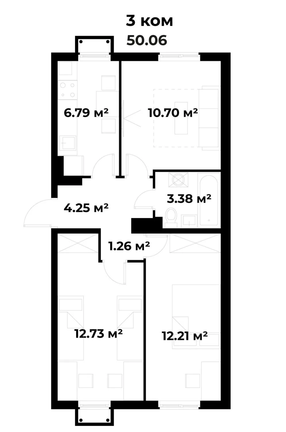 50 м², 3-комн. квартира, 1/5