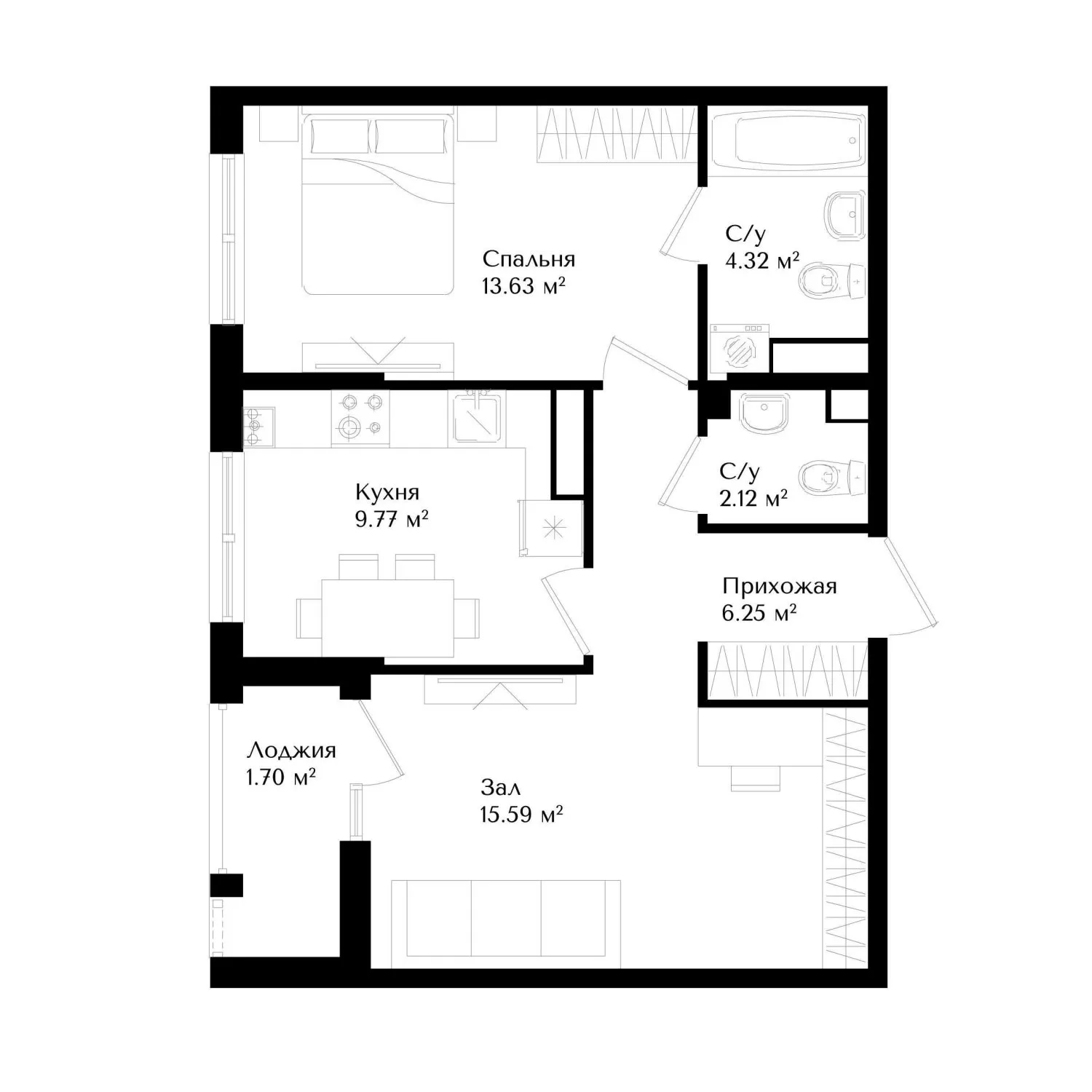 52 м², 2-комн. квартира, 15/16