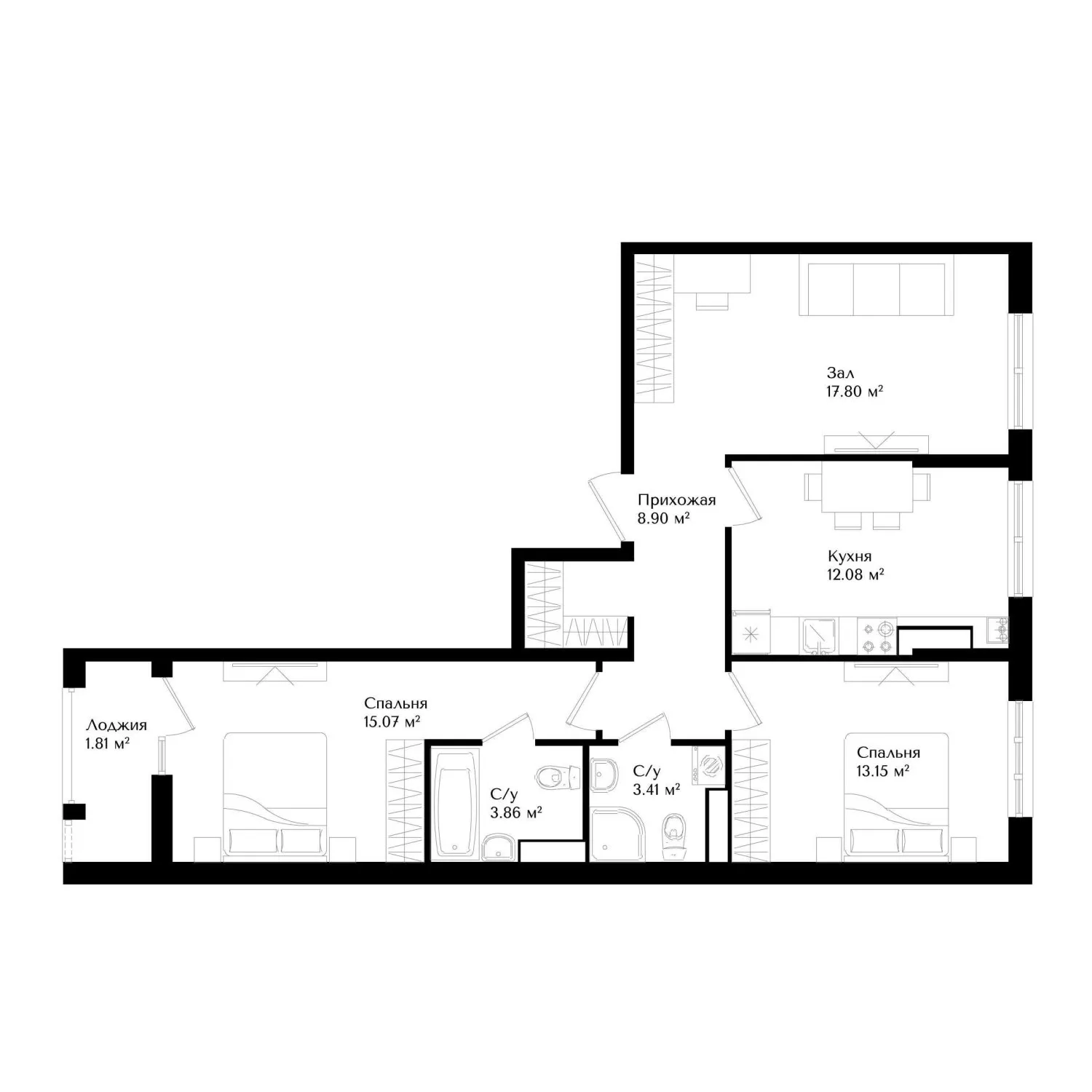 75 м², 3-комн. квартира, 13/16