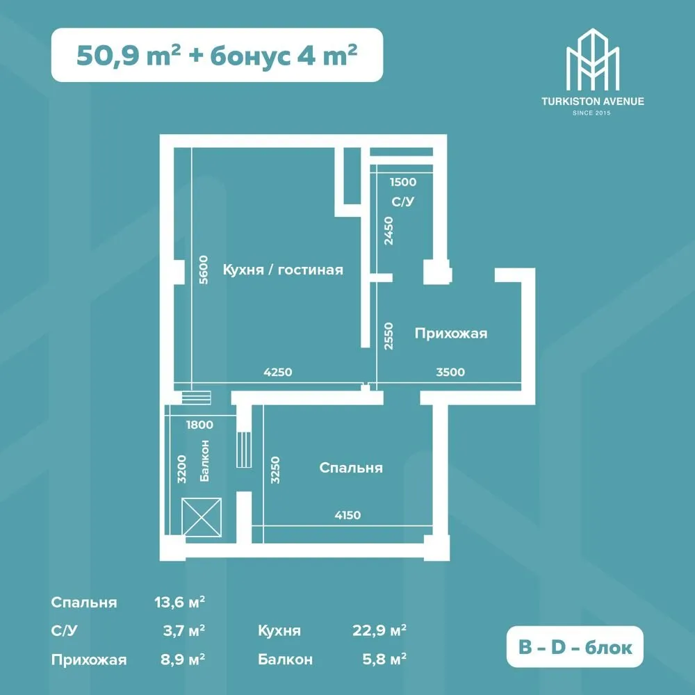 50 м², 2-комн. квартира, 10/16