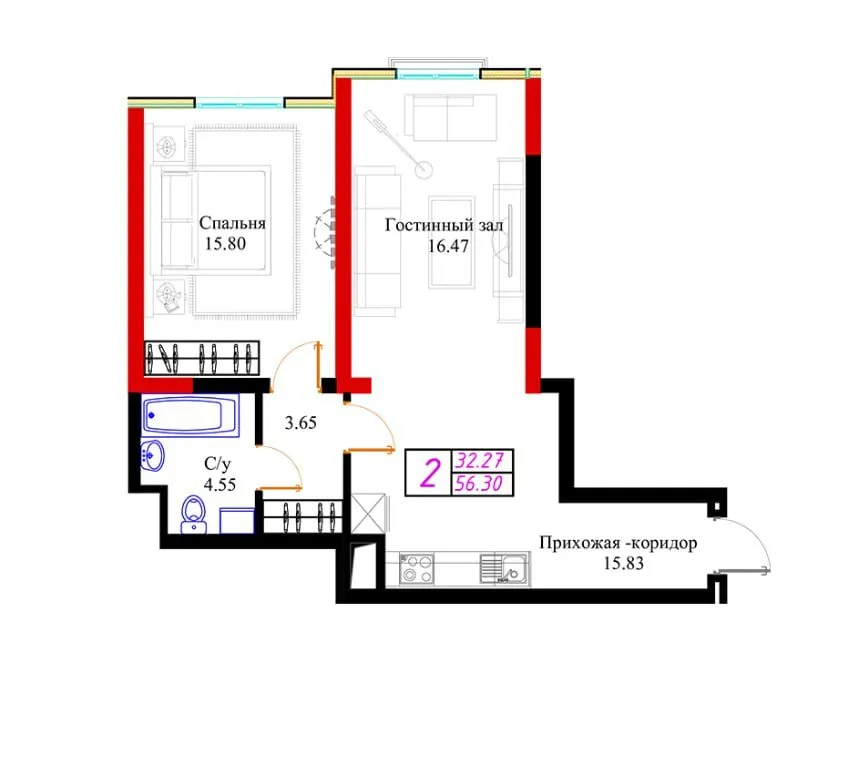 56 m², 2-xonali kvartira, 2-9/9