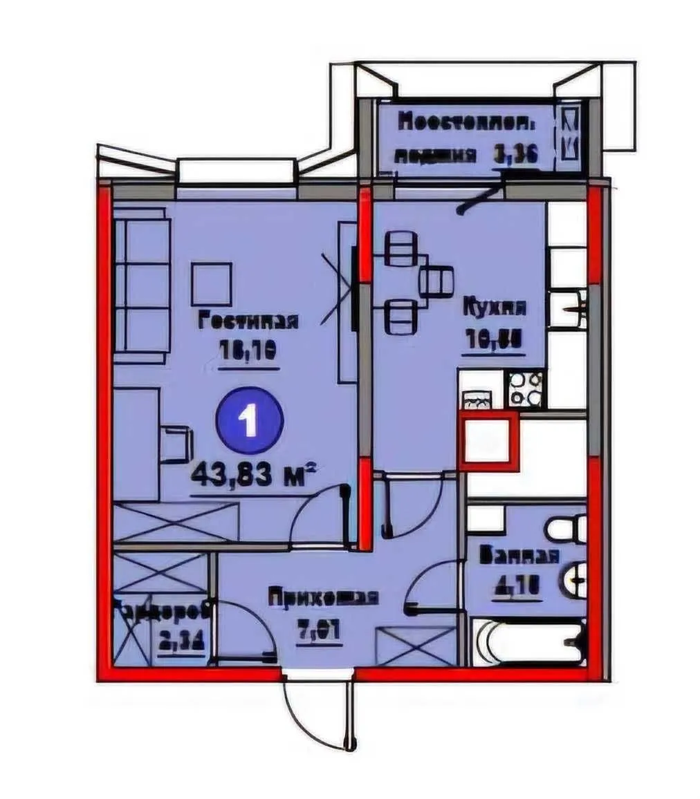 44 м², 1-комн. квартира, 12/14