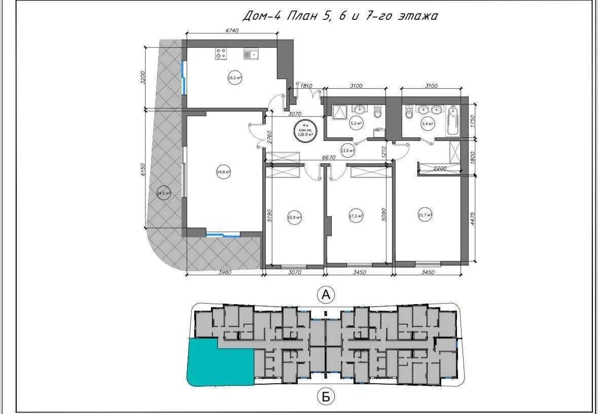 130 m², 4-xonali kvartira, 6/16