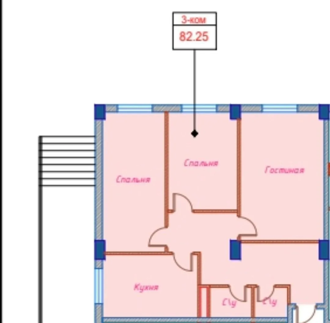 82 м², 3-комн. квартира, 1/9