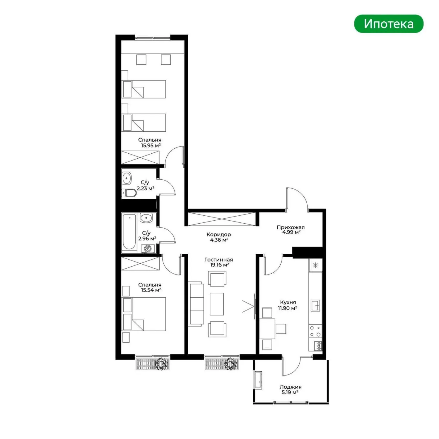 76 м², 3-комн. квартира, 8/15