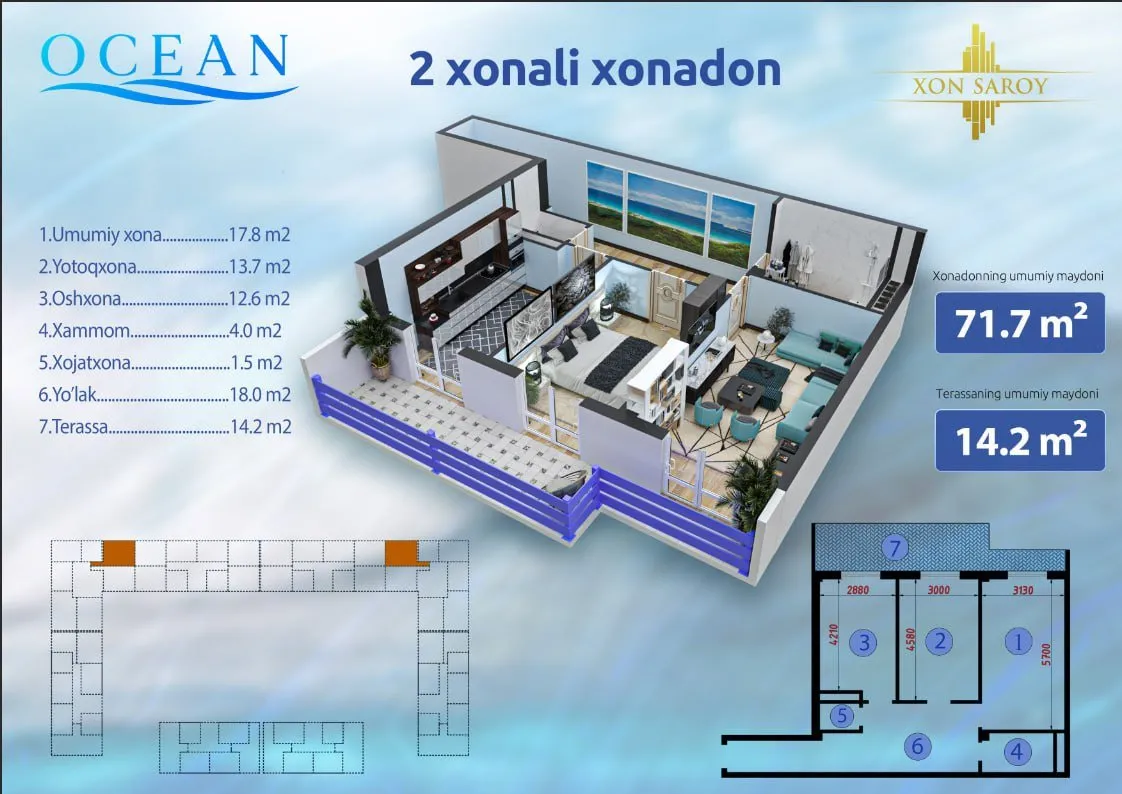 71 m², 2-xonali kvartira, 1-5/17