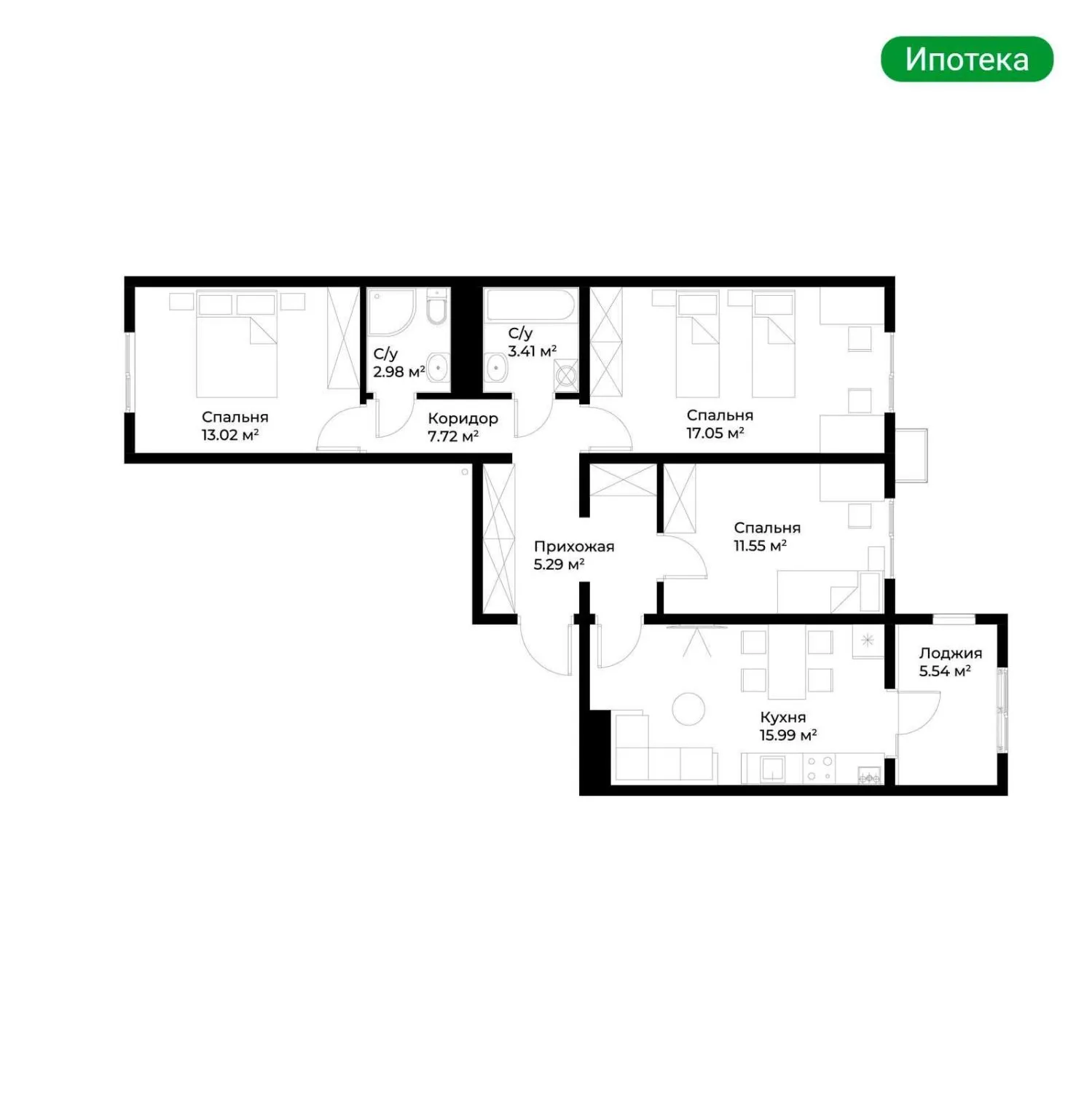 79 м², 3-комн. квартира, 11/15