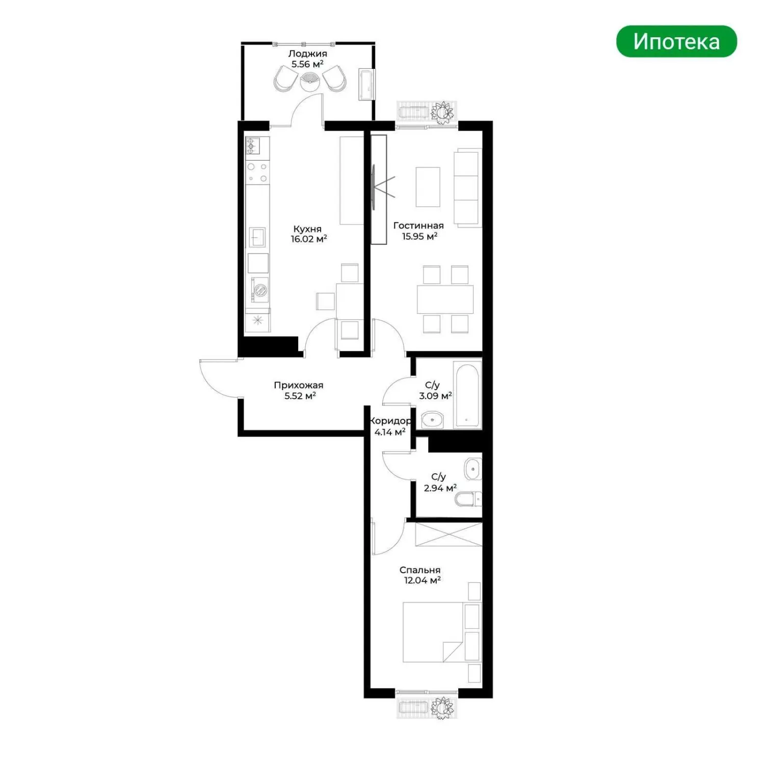 62 м², 2-комн. квартира, 12/15