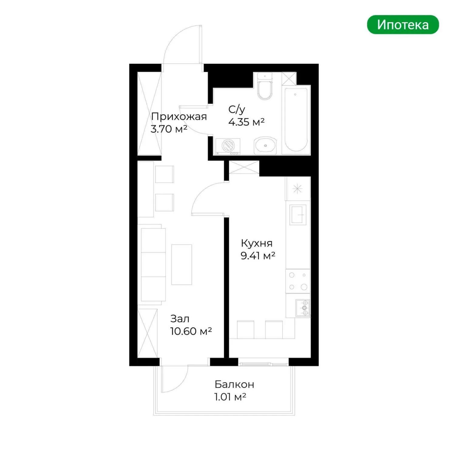 29 m², 1-xonali kvartira, 16/16