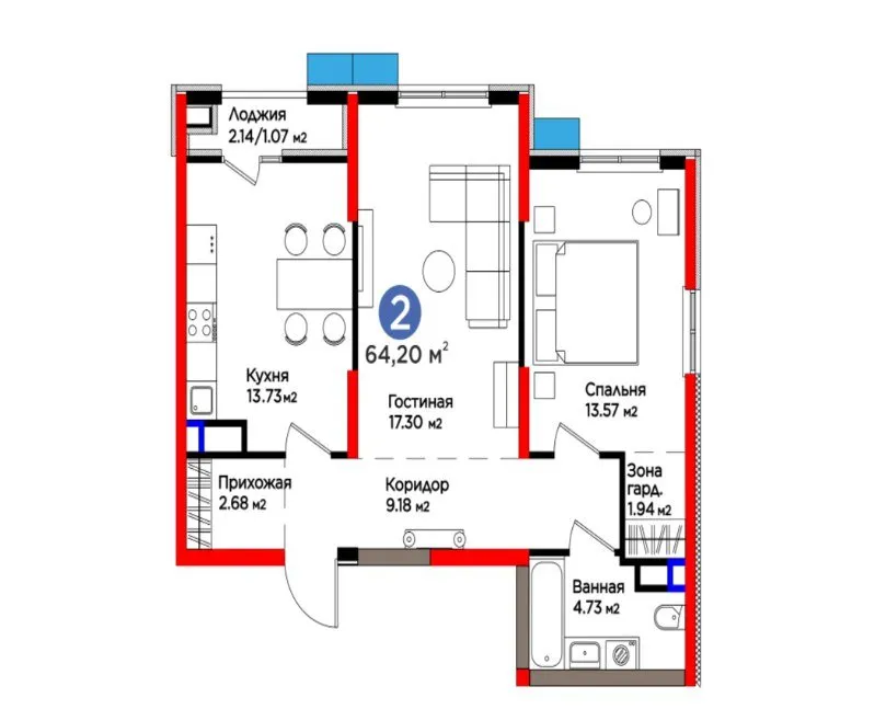 64 м², 2-комн. квартира, 2-9/9