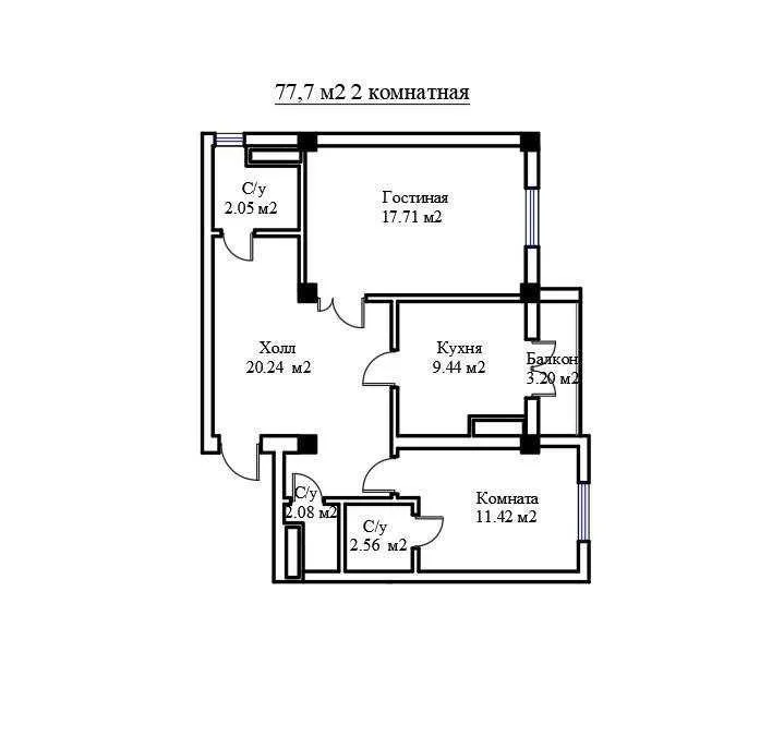 77 м², 2-комн. квартира, 3/11