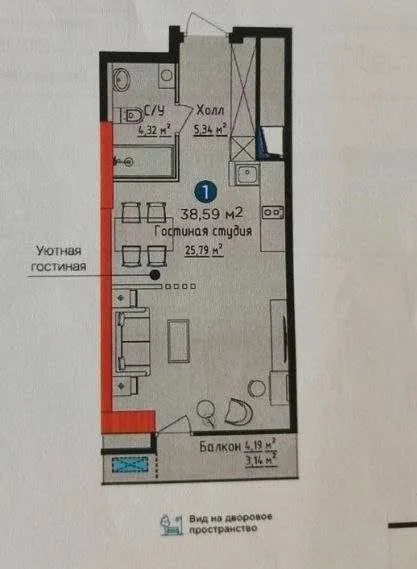 39 м², 1-комн. квартира, 23/25