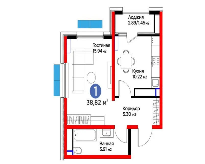 38 m², 1-xonali kvartira, 2-13/13