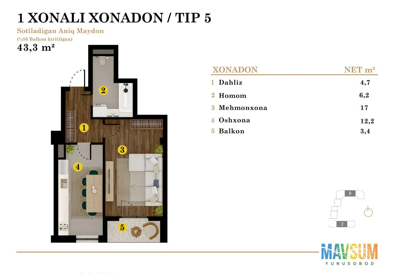 43 m², 1-xonali kvartira, 2-9/9