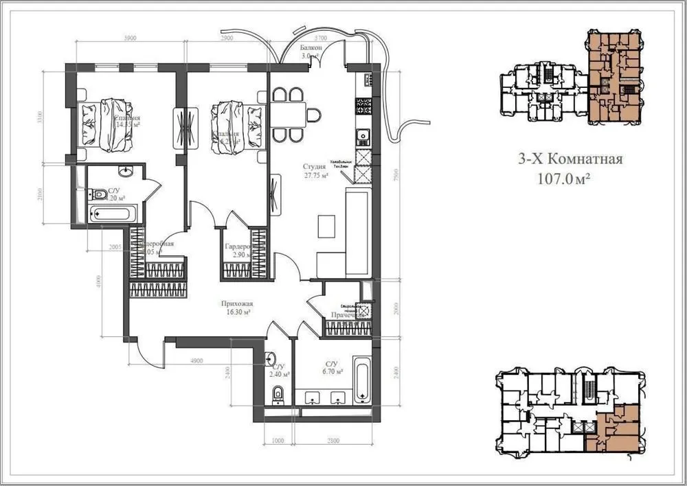 104 м², 3-комн. квартира, 12/14