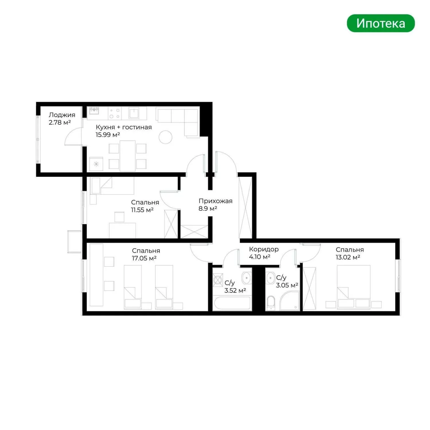 79 m², 3-xonali kvartira, 10/16