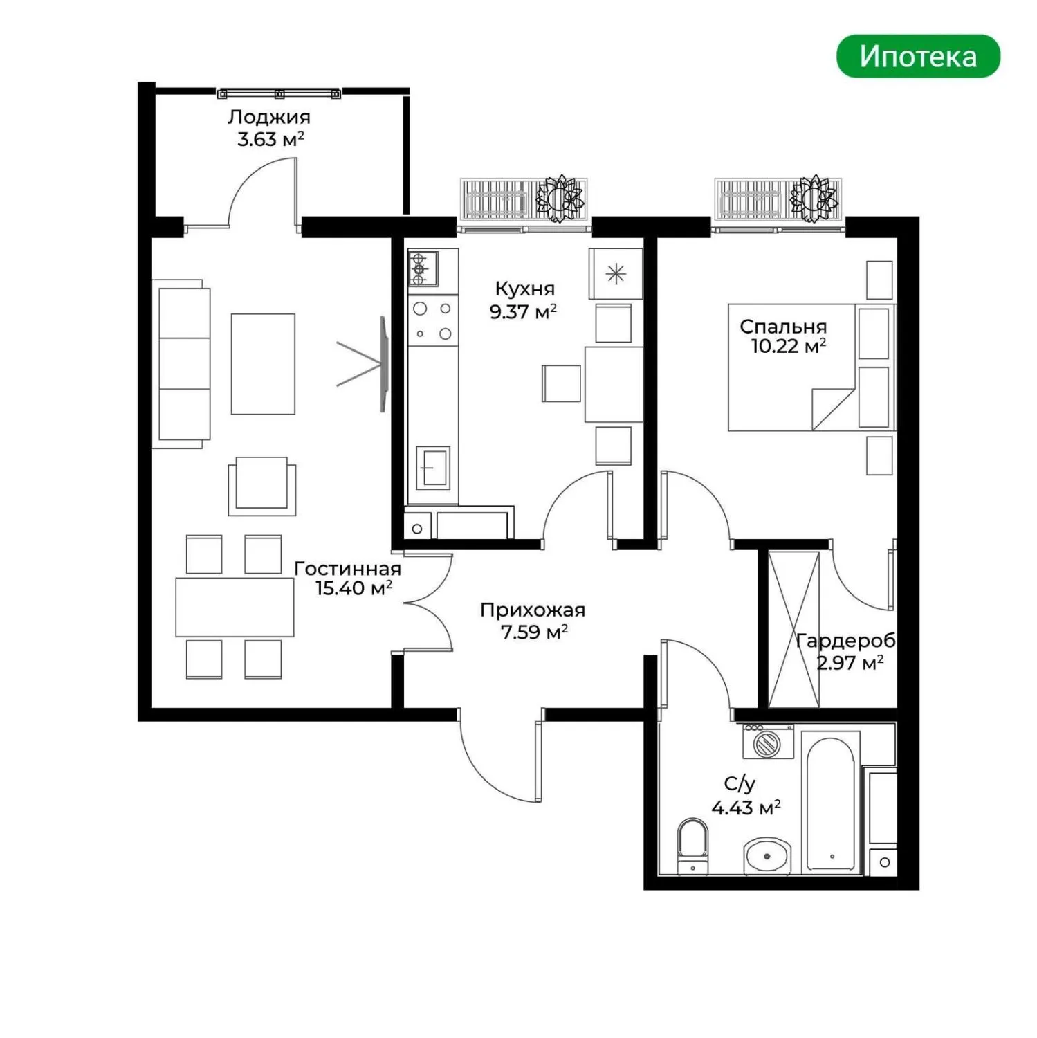 51 м², 2-комн. квартира, 13/15