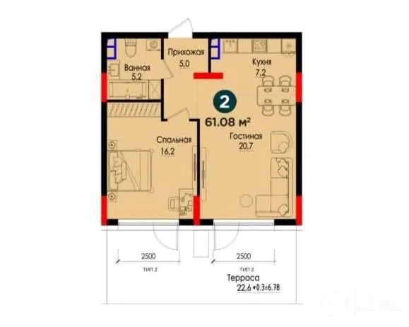 55 м², 2-комн. квартира, 1/5