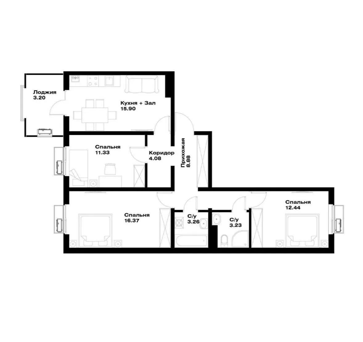 80 м², 4-комн. квартира, 9/16