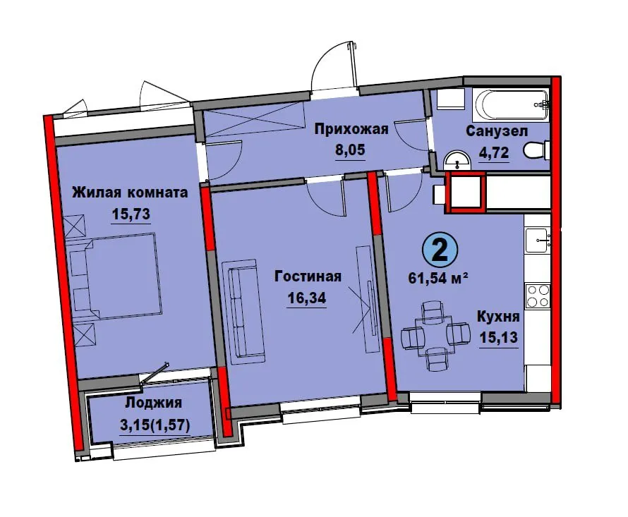 44 м², 2-комн. квартира, 2-15/15