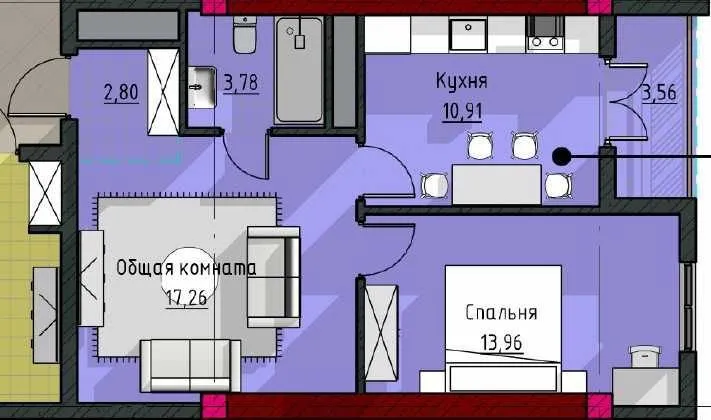 56 m², 2-xonali kvartira, 22/25