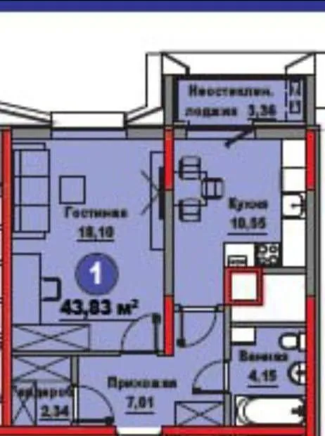44 м², 1-комн. квартира, 3/12