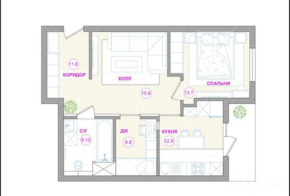 55 м², 2-комн. квартира, 5/9