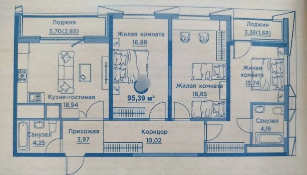 95 м², 4-комн. квартира, 5/16