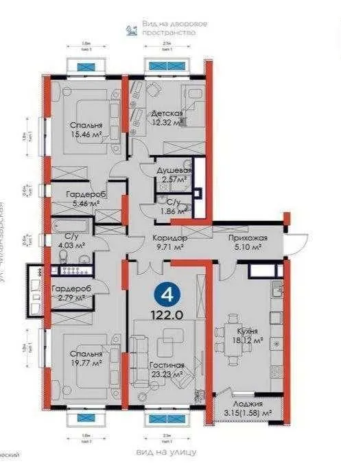 122 м², 4-комн. квартира, 2/9