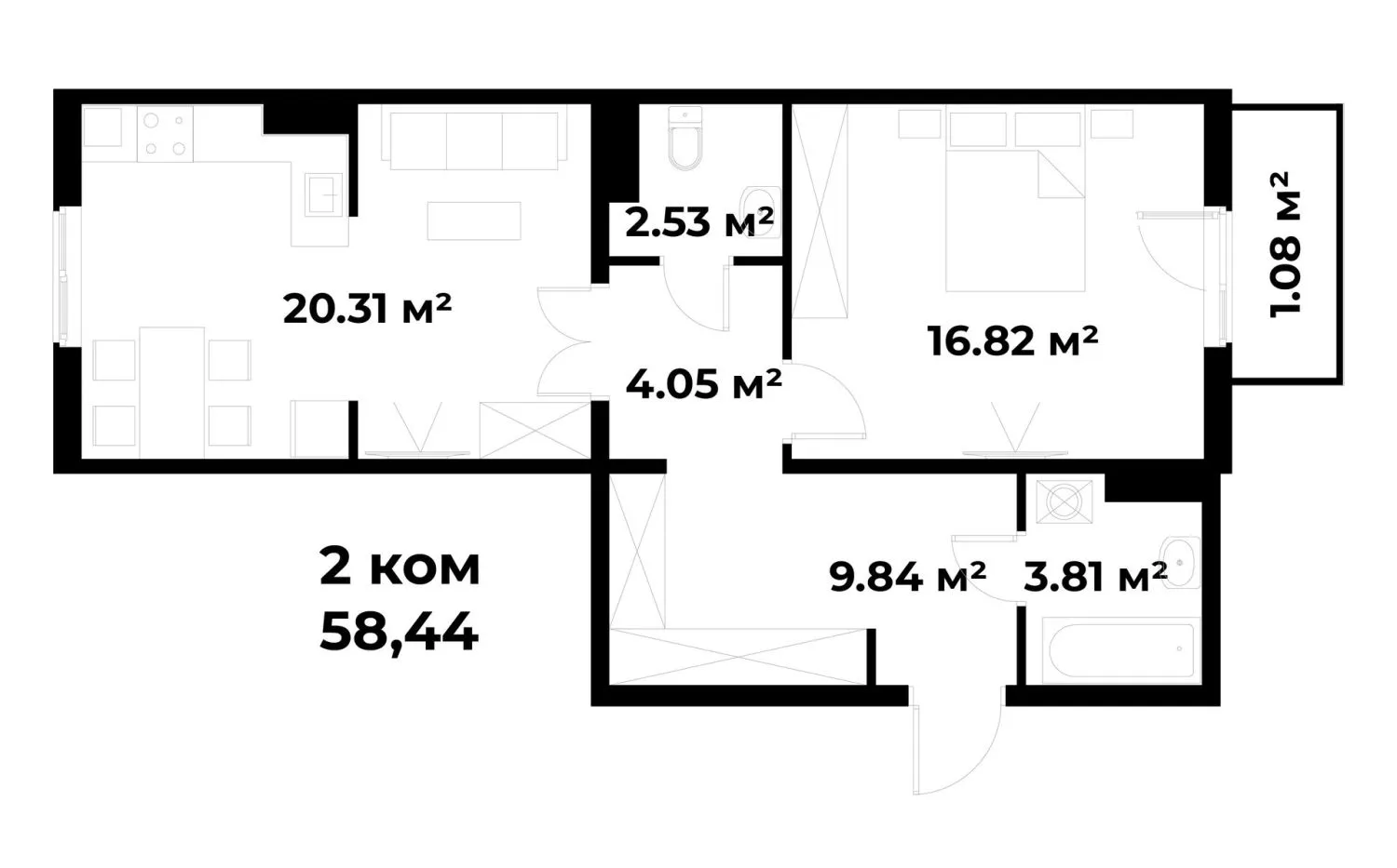 58 м², 1-комн. квартира, 3/5