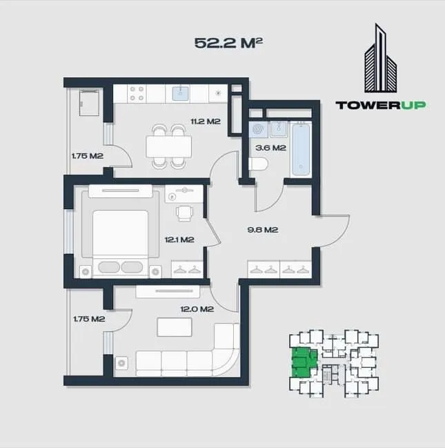 52 м², 2-комн. квартира, 3/16