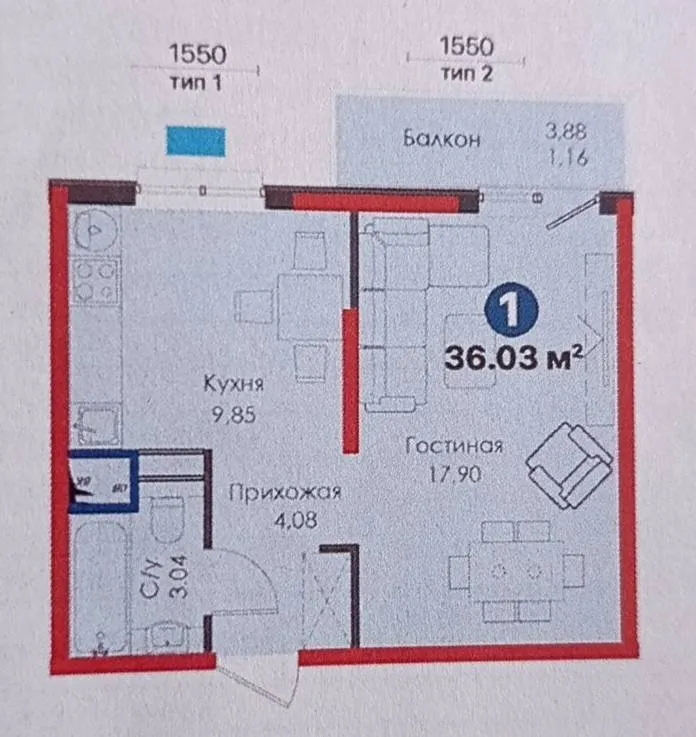 36 м², 1-комн. квартира, 4/10