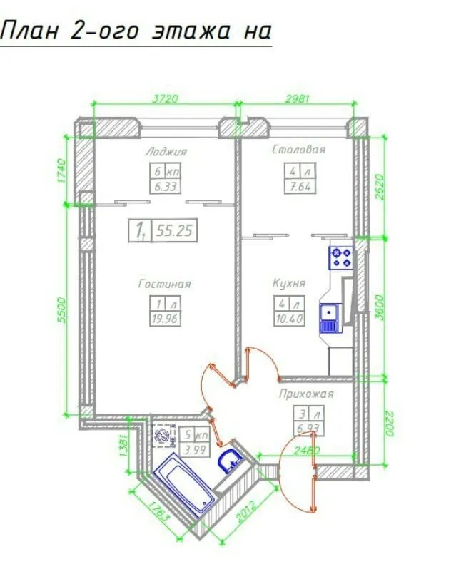 55 м², 1-комн. квартира, 2/8