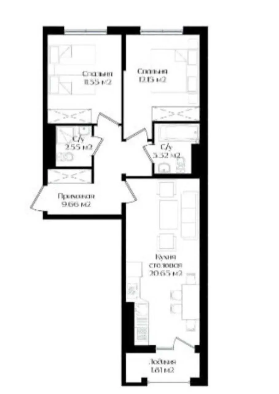 62 м², 2-комн. квартира, 11/12