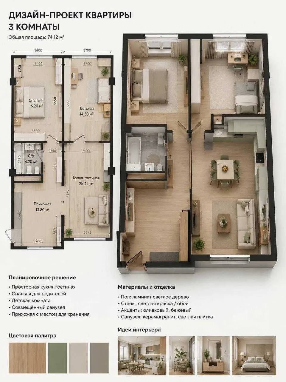 74 м², 3-комн. квартира, 13/16
