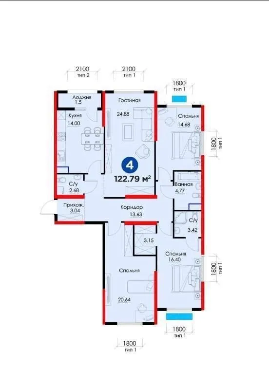 122 m², 4-xonali kvartira, 5/12