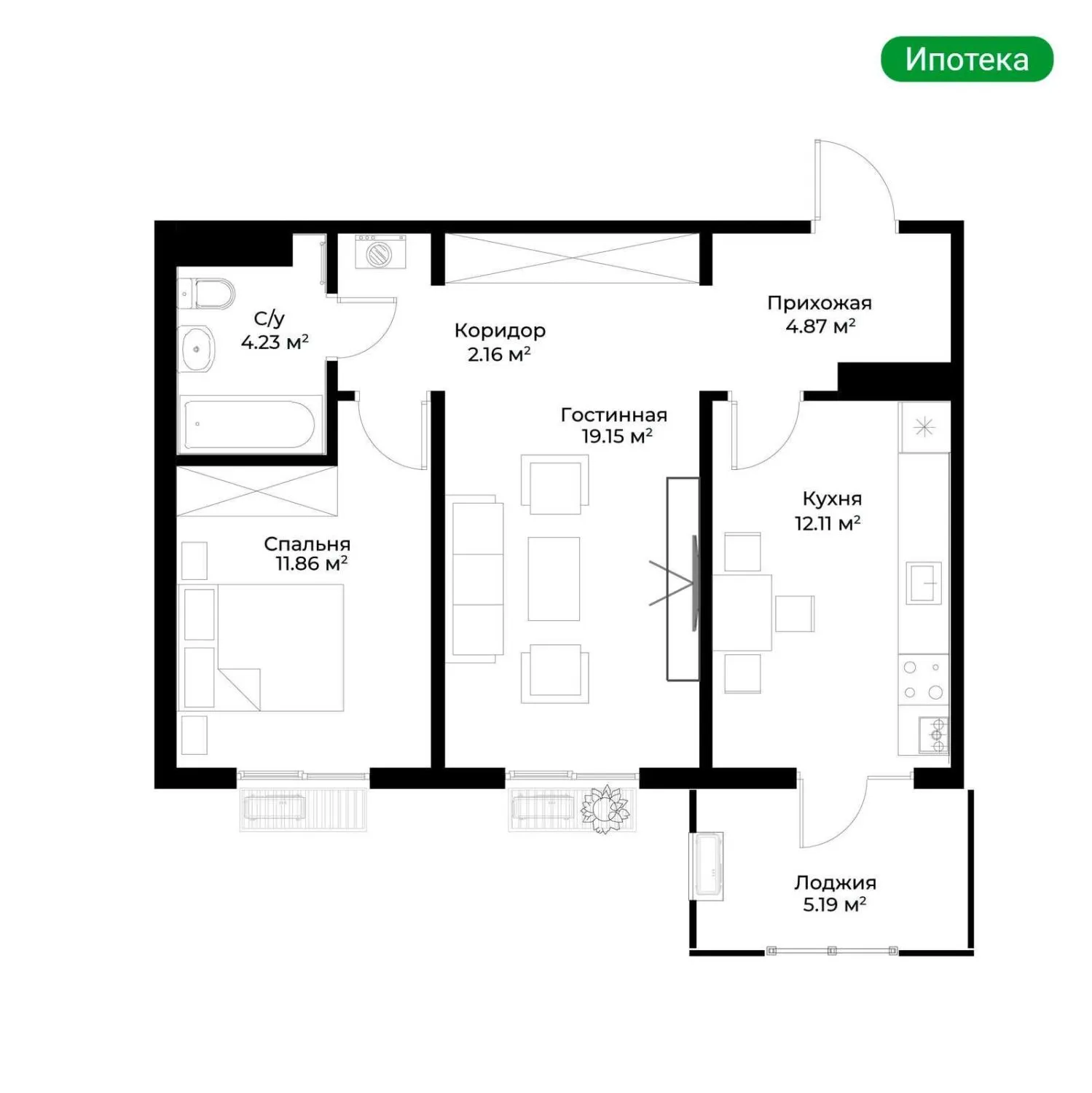 56 м², 2-комн. квартира, 14/15